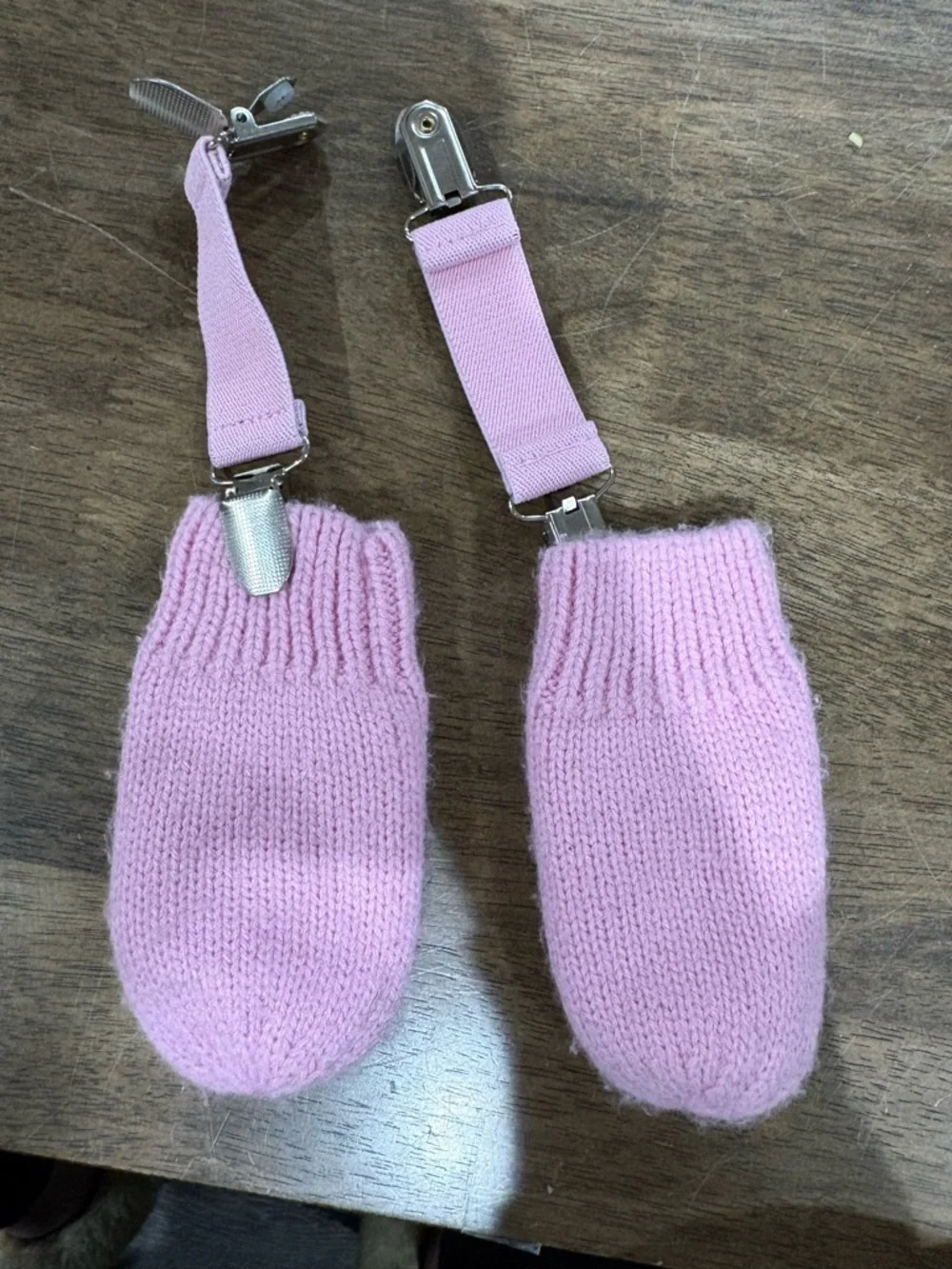 Infant Pink Knit Cable Mittens with Clip Straps